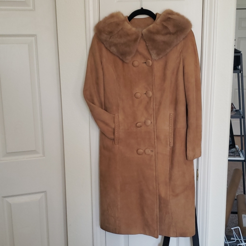 Vintage 60s Suede Long Jacket Fur Collar Coat